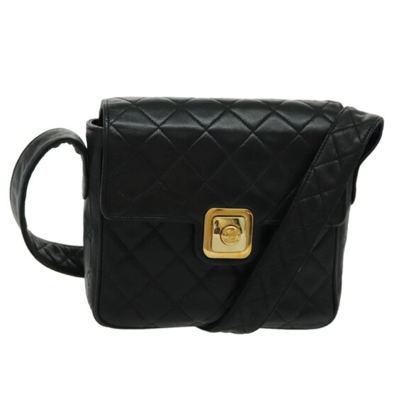 CHANEL Matelasse Shoulder Bag Lamb Skin Black Gold CC Auth bs19046 - Picture 1 of 16